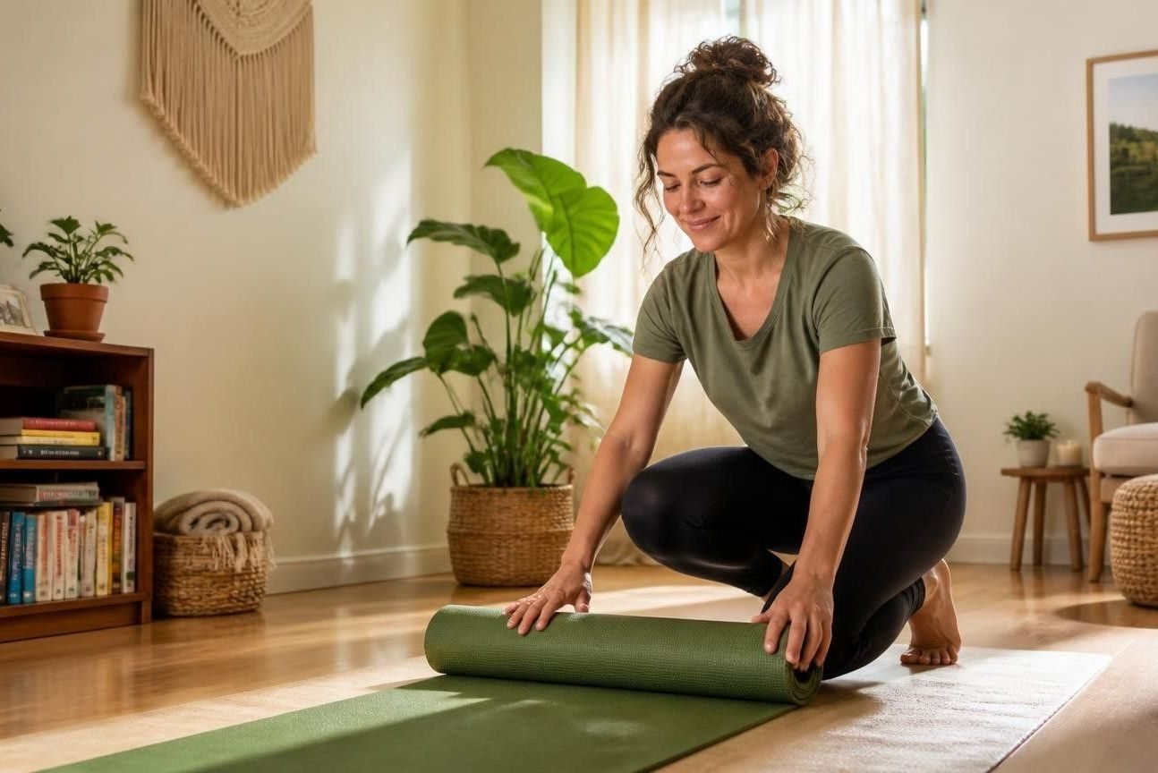 Mulher abrindo um tapete de treino na sala de casa